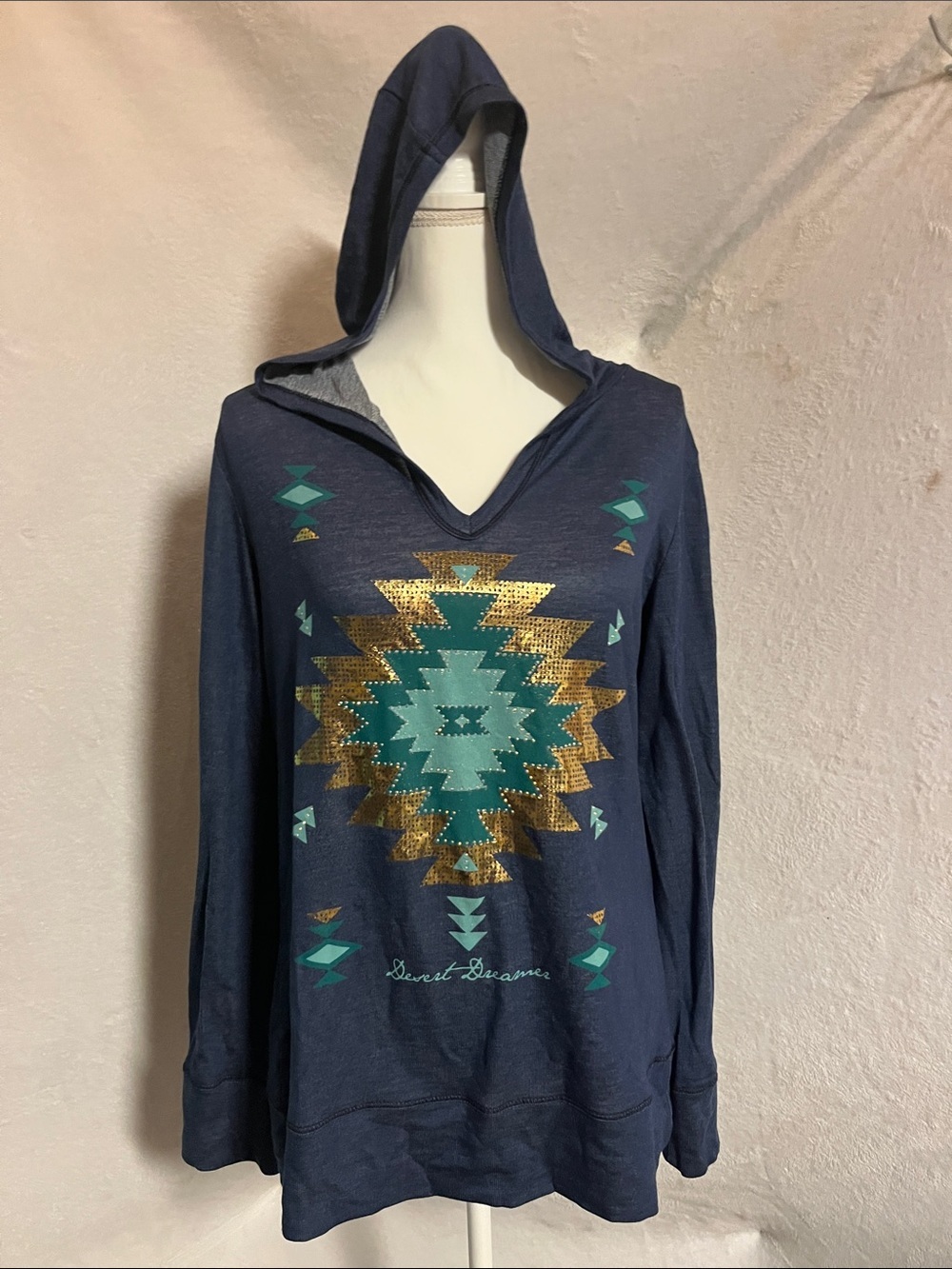 Navy V-Neck Hooded Sweater with Teal & Gold Aztec Print